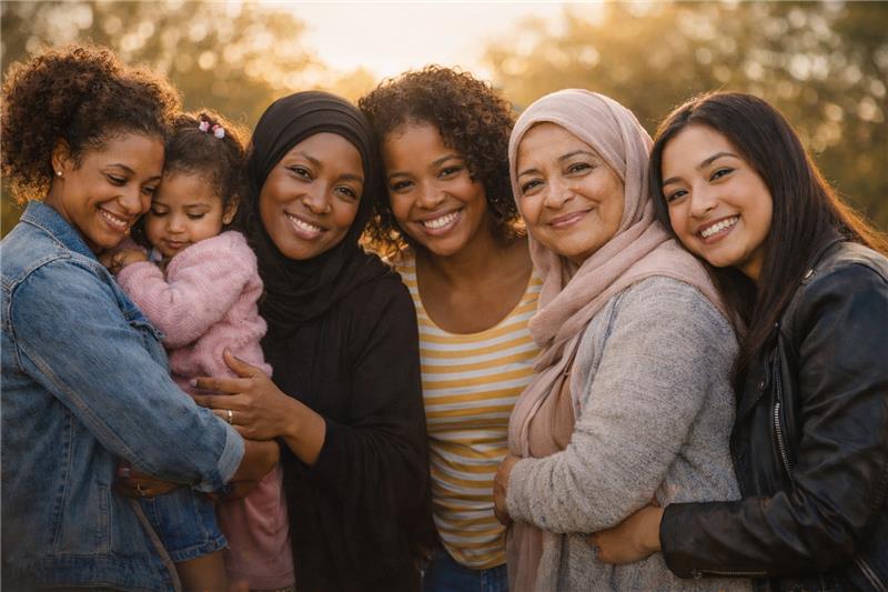 Diverse group of women and girls smiling together
